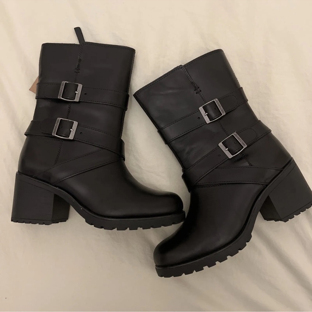 HARLEY-DAVIDSON ~ Boot Women Sz 9M Black Motorcycle Block Heel Side Zip New